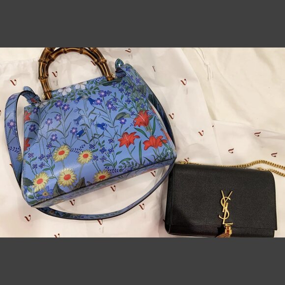 Gucci Nymphae Azure Shanghai Leather Handbag Snap Floral Blue Gold Bag Purse NEW - Picture 9 of 16